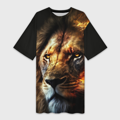 Платье-футболка 3D Лев и огонь, цвет 3D печать