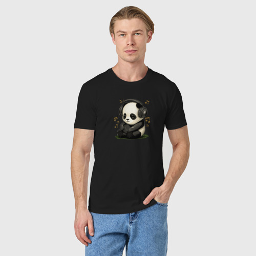 Мужская футболка хлопок Милая панда слушает музыку, цвет черный - фото 3