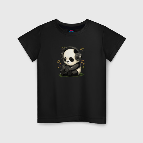 Детская футболка хлопок Милая панда слушает музыку, цвет черный