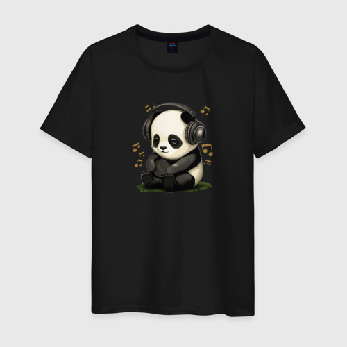 Мужская футболка хлопок Милая панда слушает музыку, цвет черный