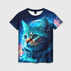 Женская футболка 3D Кот космонавт и звезды