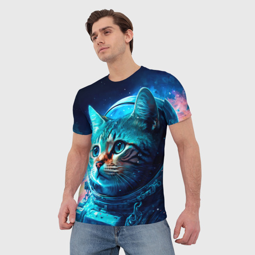 Мужская футболка 3D с принтом Кот космонавт и звезды, фото на моделе #1