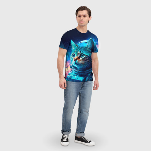 Мужская футболка 3D с принтом Кот космонавт и звезды, вид сбоку #3