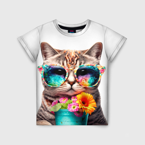 Детская футболка 3D Котик в очках с цветами, цвет 3D печать