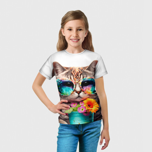 Детская футболка 3D Котик в очках с цветами, цвет 3D печать - фото 5