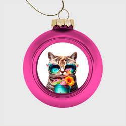 Стеклянный ёлочный шар Котик в очках с цветами