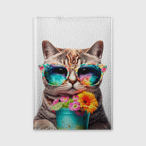 Обложка для автодокументов Котик в очках с цветами, цвет красный