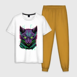 Мужская пижама с белой футболкой хлопок Неоновый электро-кот