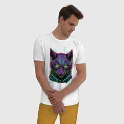 Мужская пижама с белой футболкой хлопок Неоновый электро-кот - фото 2