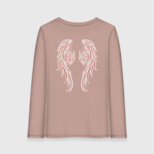 Женский лонгслив хлопок Белые крылья в стиле мезенской росписи с красными узорами, цвет пыльно-розовый - фото 2