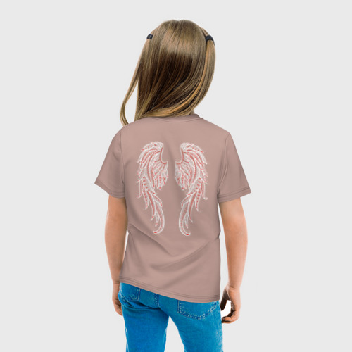 Детская футболка хлопок Белые крылья в стиле мезенской росписи с красными узорами, цвет пыльно-розовый - фото 6