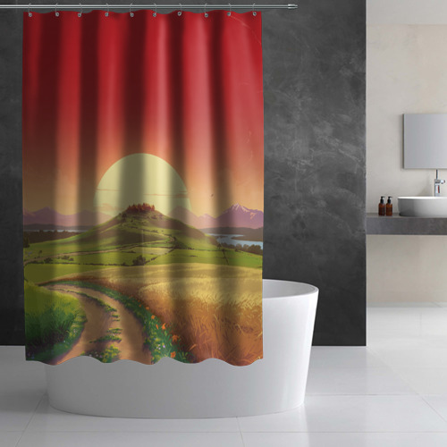 Штора 3D для ванной Тропа и поля на фоне заката и деревушки - фото 3