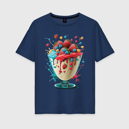 Женская футболка хлопок Oversize с принтом Клубника со сливками в стакане, вид спереди #2