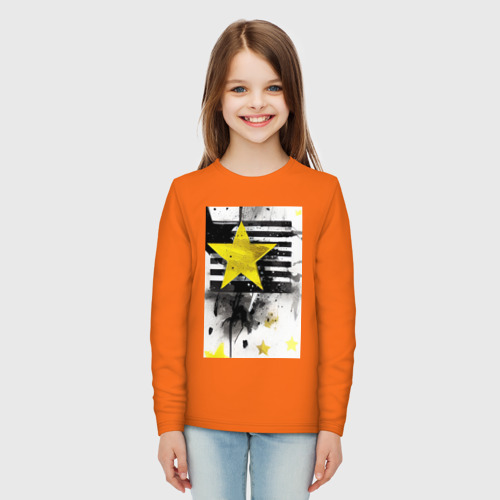 Детский лонгслив хлопок с принтом Желтая звезда на полосах, вид сбоку #3