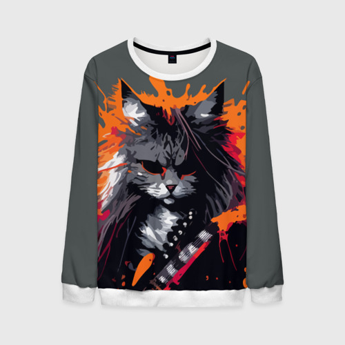 Мужской свитшот с принтом Rocker Cat on a gray background - C-Cats collection - Huf&Sya, вид спереди №1