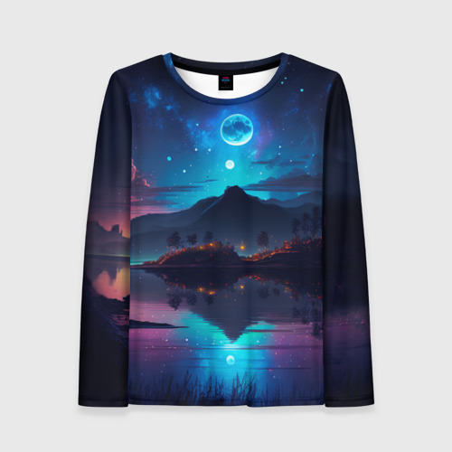 Женский лонгслив 3D с принтом Ночное небо, пейзаж, вид спереди #2