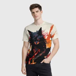 Мужская футболка 3D Black rocker cat on a light background - C-Cats collection - Huf&Sya - фото 3