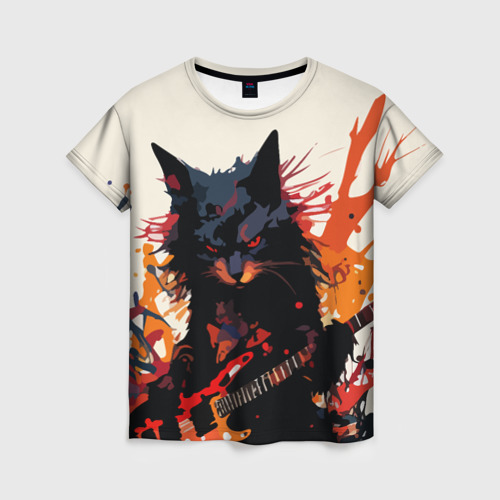 Женская футболка с принтом Black rocker cat on a light background - C-Cats collection - Huf&Sya, вид спереди №1