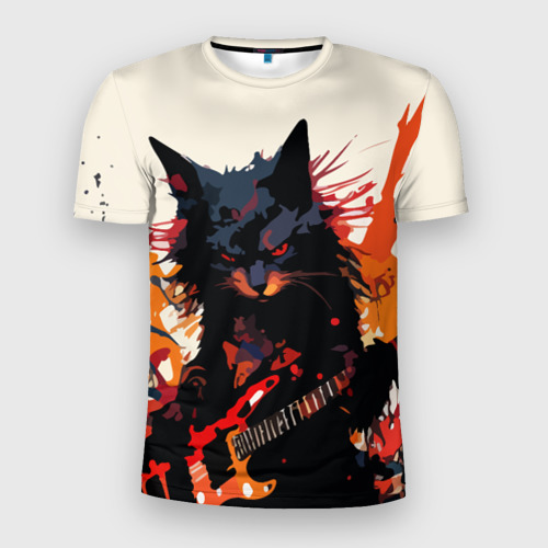 Мужская футболка 3D Slim с принтом Black rocker cat on a light background - C-Cats collection - Huf&Sya, вид спереди #2