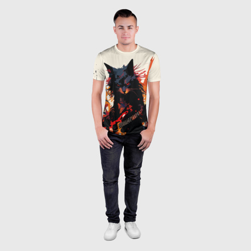 Мужская футболка 3D Slim с принтом Black rocker cat on a light background - C-Cats collection - Huf&Sya, вид сбоку #3