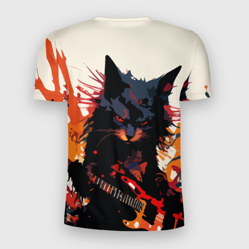 Мужская футболка 3D Slim с принтом Black rocker cat on a light background - C-Cats collection - Huf&Sya, вид сзади #1