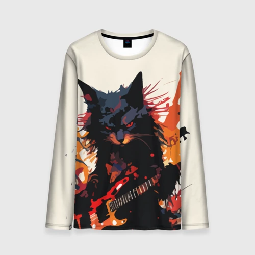 Мужской лонгслив 3D Black rocker cat on a light background - C-Cats collection - Huf&Sya