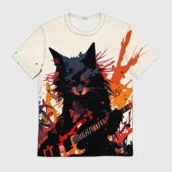 Мужская футболка 3D Black rocker cat on a light background - C-Cats collection - Huf&Sya