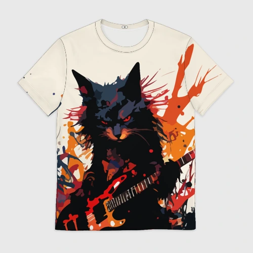 Мужская футболка 3D Black rocker cat on a light background - C-Cats collection - Huf&Sya