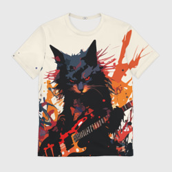 Мужская футболка 3D Black rocker cat on a light background - C-Cats collection - Huf&Sya