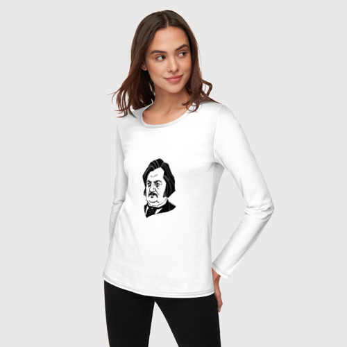 Женский лонгслив хлопок с принтом Оноре де Бальзак, графический портрет, фото на моделе #1