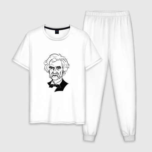 Мужская пижама хлопок с принтом Марк Твен, графический портрет, вид спереди #2