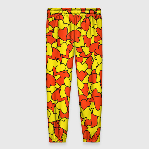 Женские брюки 3D с принтом Красно-желтые сердца, вид сзади #1