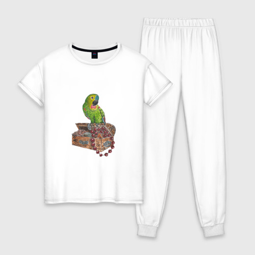 Женская пижама хлопок с принтом Зеленый попугай на сундуке с сокровищами, вид спереди #2