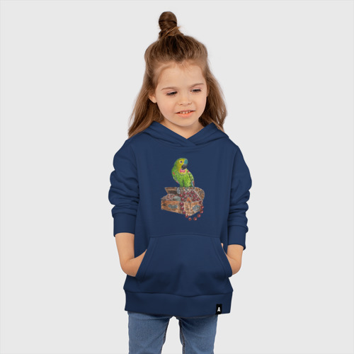 Детская толстовка хлопок с принтом Зеленый попугай на сундуке с сокровищами, вид сбоку #3
