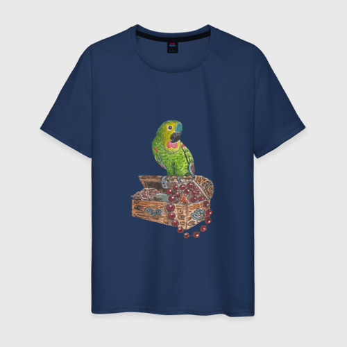 Мужская футболка хлопок с принтом Зеленый попугай на сундуке с сокровищами, вид спереди #2