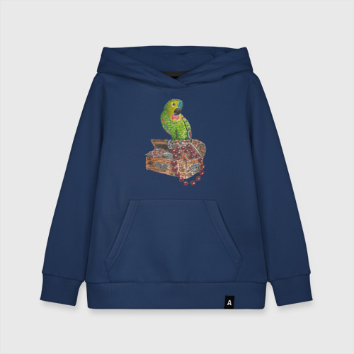 Детская толстовка хлопок с принтом Зеленый попугай на сундуке с сокровищами, вид спереди #2