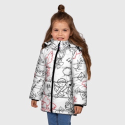 Зимняя куртка для девочек 3D Летающие сердца купидоны розы на белом фоне - фото 2