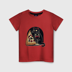Детская футболка хлопок Черная кошка с вином и пиццей