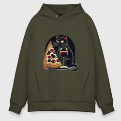 Черная кошка с вином и пиццей – Мужское худи Oversize хлопок с принтом купить со скидкой в -21%