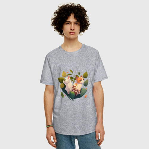 Мужская футболка хлопок Oversize с принтом Милые коты любви в цветах, фото на моделе #1