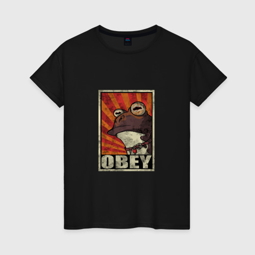 Женская футболка хлопок Obey frog, цвет черный