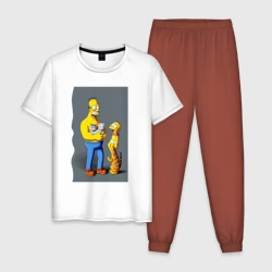 Мужская пижама с белой футболкой хлопок Homer Simpson and cats - нейросеть арт