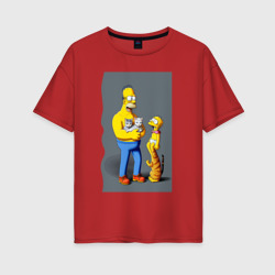 Женская футболка хлопок Oversize Homer Simpson and cats - нейросеть арт