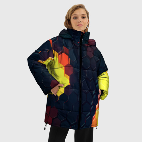 Женская зимняя куртка 3D с принтом Оранжевый питон, фото на моделе #1
