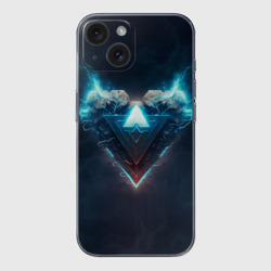 Чехол для iPhone 15 силиконовый с защитой камеры Каменное сердце в синем неоновом электрическом свечении