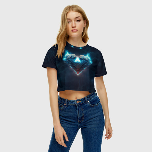 Женская футболка Crop-top 3D Каменное сердце в синем неоновом электрическом свечении, цвет 3D печать - фото 4