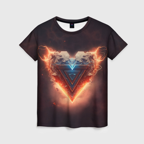 Женская футболка с принтом Каменное сердце в неоновом красном электрическом свечении, вид спереди №1