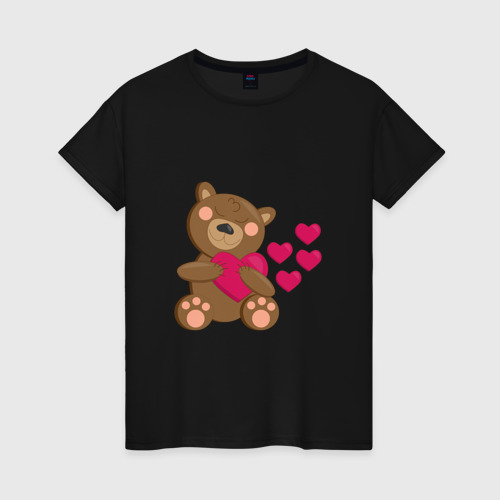 Женская футболка хлопок с принтом Влюбленный медведь с сердцем, вид спереди #2
