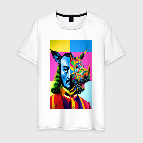 Мужская футболка из хлопка с принтом Сальвадор Дали и носорог - нейросеть - art, вид спереди №1