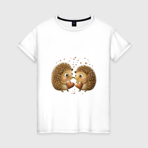 Женская футболка из хлопка с принтом Два влюбленных ежика, вид спереди №1
